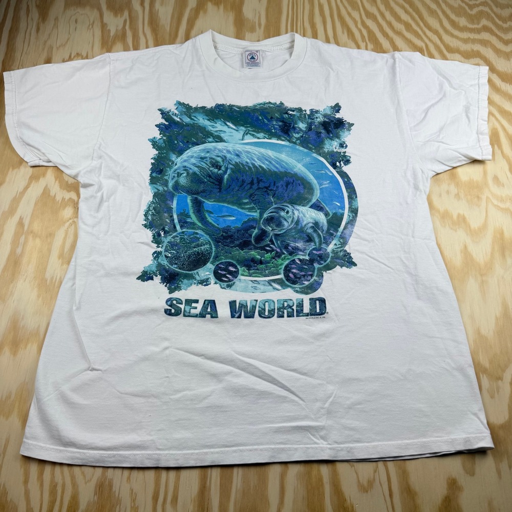Vintage Sea World Manatee Graphic T-Shirt White Mens XL 90s Souvenir